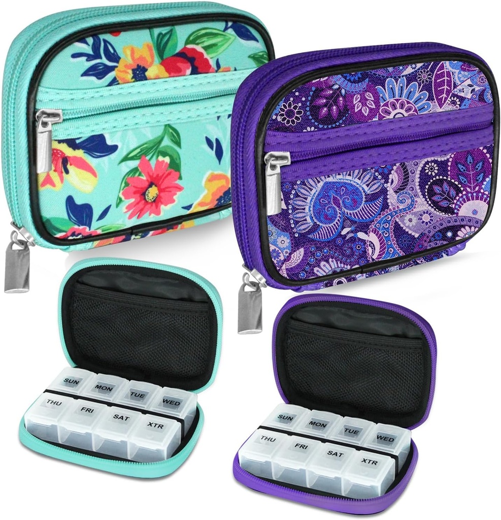 Serfeymi Weekly Travel Pill Korraldaja Pill Juhul rahakotiga Eemaldatav 7 päeva Pill Box, Moodne Reisimeditsiini Korraldaja Pill Konteiner Meditsiin, Vitamiin, täiendus - Roheline 01 + Purple 01