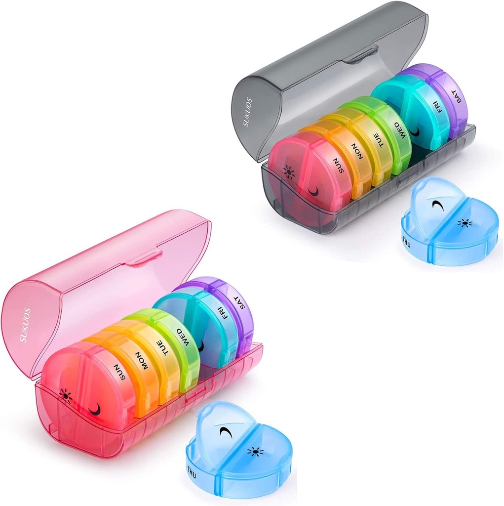 2 Pack Weekly Pill Korraldaja 7 päeva 2 korda päevas, Sukuos Suured igapäevased pillid pillid / Vitamiin / Kalaõli / toidulisandid, BPA tasuta pillide karp, lihtne puhastada