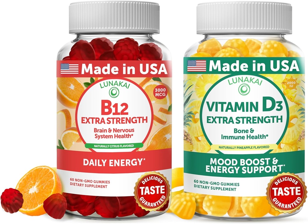 Lunakai Vitamiin B12 ja Vitamiin D3 Gummies Bundle - 3000 mcg B12 ja 25 mcg 1000 UI VIT D3 - Gluteenivaba, No Corn Syrup, Orgaaniline, Non-GMO, Taimne želatiin Vaba