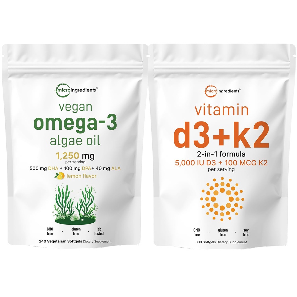 Mikrokoostisosad Vitamiin D3 5000iu + K2 100mcg Softgels & Vegan Omega 3 vetikaõli Täiendus Bundle 2 Pack | Essential Sunshine Vitamins | Omega-3 Full Spectrum Alternatiiv kalaõlile