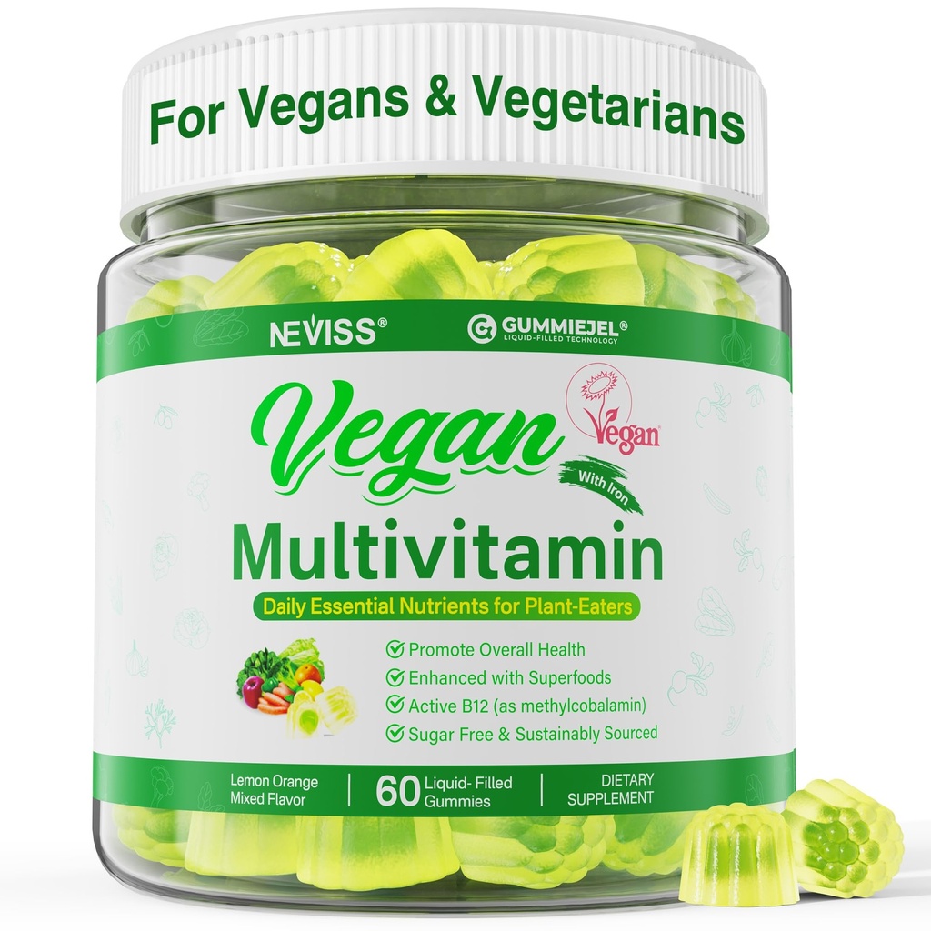 NEVISS Vegan Multivitamiin naistele ja meestele w/Methyl B12, D3 K2, Plant Based Omega 3 (DHA+EPA), Raud, Koliin, Tsink, Terve toit Igapäevased vitamiinid Kummid veganitele ja taimetoitlastele, suhkruvaba, 60Cts