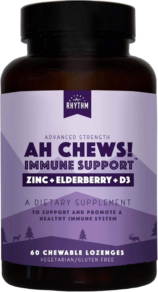 Natural Rhythm Ah Chews! Immuunsüsteemi suurendajad lastele ja täiskasvanutele, ei ole lisatud suhkrut, Elderberry, tsink ja vitamiin D3, 60 kapslit