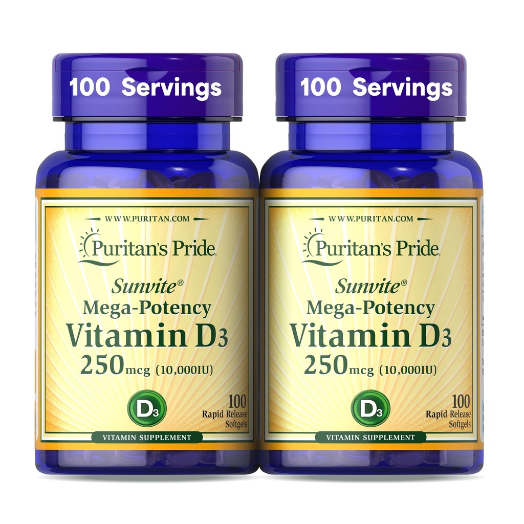 Puritan's Pride Premium SunviteTM Mega-Potency Vitamiin D3 10 000 RÜ, toidulisand tervete luude, hammaste ja immuunsüsteemi toetamiseks, 100 kiire vabastamise softgels