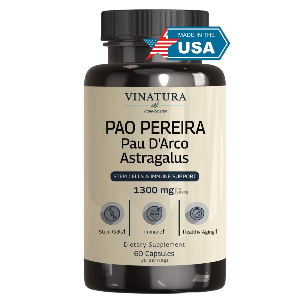 VINATURA Pao Pereira + PAU D'Arco, Astragalus - 1300MG Serving, USA Made & Tested, Tüvirakud ja immuunsüsteemi tugi, 60 kapslit