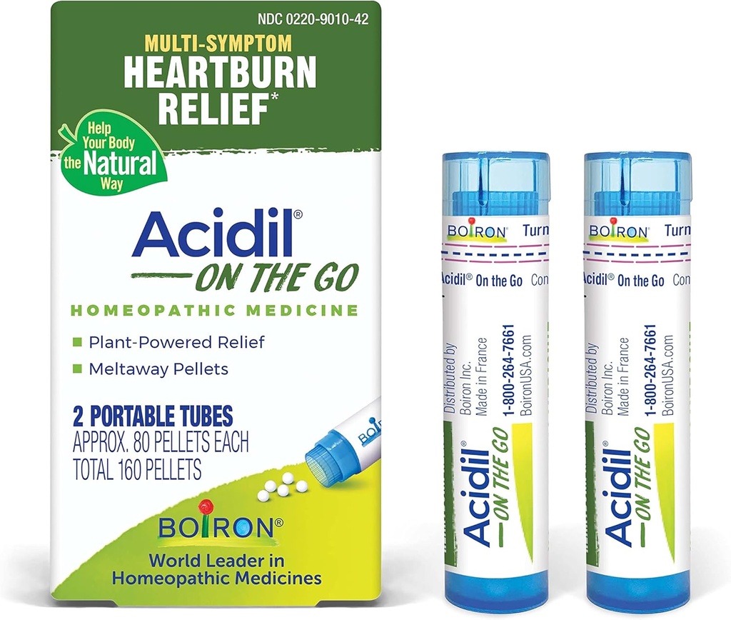 Boiron Acidil On The Go Travel Essential for Relief Acid Refluks, kõrvetised, seedehäired, Bloating ja Upset Magu - 2 Count (160 Pellets)