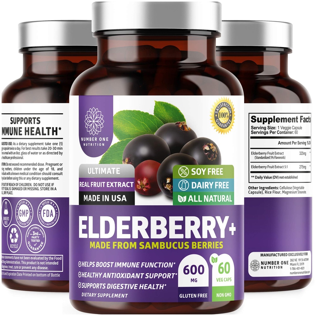N1N Premium Black Elderberry kapslid täiskasvanutele [Max Tugevus] Puhas ja võimas Elderberry alates Sambucus Nigra toetada immuunsust ja naha tervist, Non-GMO, Gluteenivaba, 60 Veg Caps