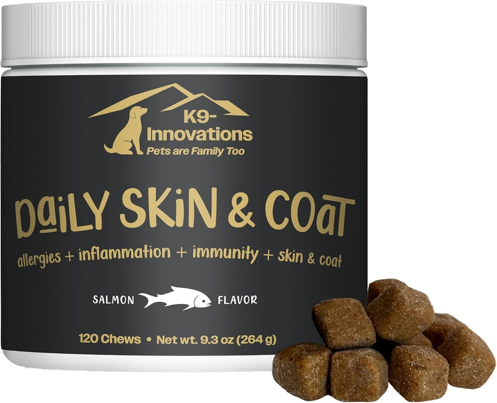 K9-Innovatsioonid - Daily Skin & Coat Dog Chews Salmon Maitse - Vähendage sügelust ja käpa närimist, Omega 3 & VIT C naha tervise jaoks - 1-4 kuu pakkumine (120qty)