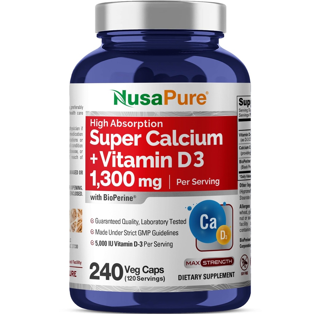 NusaPure Super Kaltsium 1300mg, Vitamiin D3-240 Veggie kapslid (GMO-vaba, bioperiin)