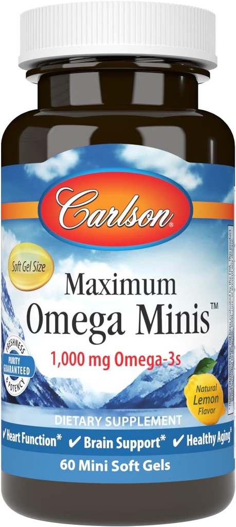 Carlson - Maksimaalne Omega Minis, 1000 mg Omega-3s, Südamefunktsioon, Aju tugi ja tervislik vananemine, Sidrun, 60 Mini Softgels