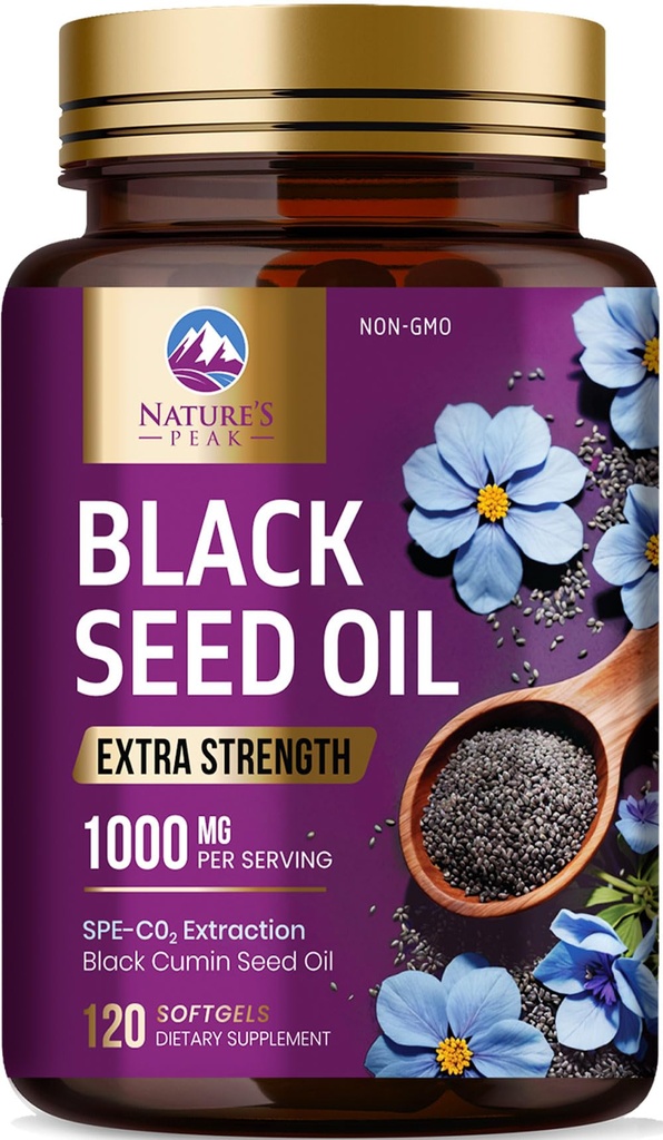 Black Seed Oil 1000mg - Premium Extra Tugevus Nigella Sativa Blackseed Oil - Black Seed Oil Nahk, Seedetrakti Tervis & Immune Support - Non-GMO Antioksüdant, Gluteenivaba täiendus - 120 Softgels