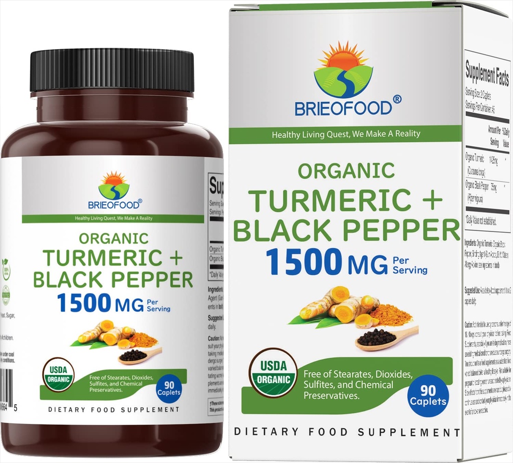 Brieofood Organic Turmeric with Black Pepper 1500mg, 45 Servings, Taimetoitlane, Gluteenivaba, 90 Taimetoitlane tablett
