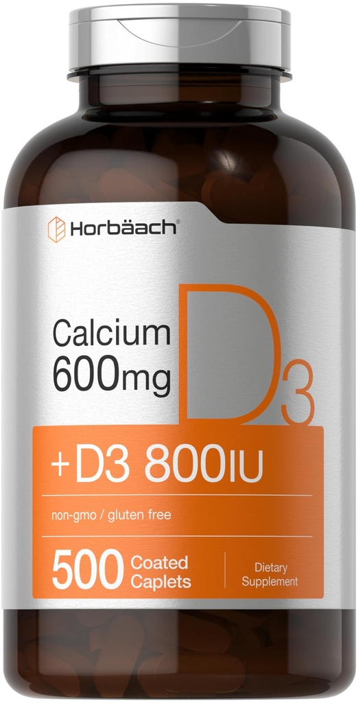 Horbäach kaltsiumilisandiga D3 | 600 mg | 500 kaetud kapslit | naistele ja meestele | Mitte-GMO & Gluteenivaba
