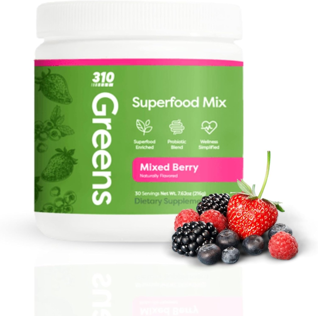 310 Toitumine Orgaaniline Superfood Greens Pulber – Super Green Powder Supplement koos Daily Greens Spirulina, Taimsed Ensüümid Ja Antioksüdandid – Immunity Boost – Mixed Berry, 30 Servings