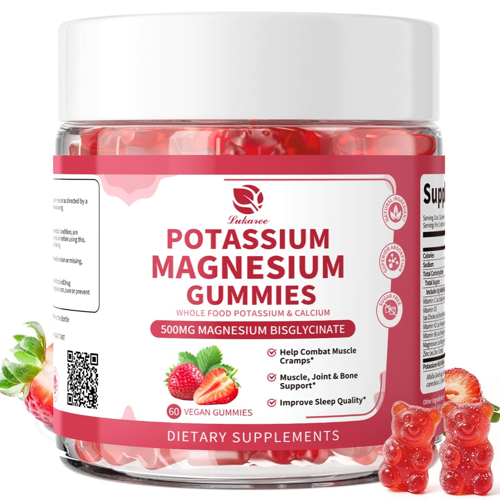 Magneesium Kaaliumilisandiga Gummies - New Formula Calm Magneesium Glycinate Gummies & Kaaliumtsitraat 200 mg Plus Omega 3, B6, D3, K2 & Kaltsium Zzz, Jalakrambid & Lihased - 120 Count