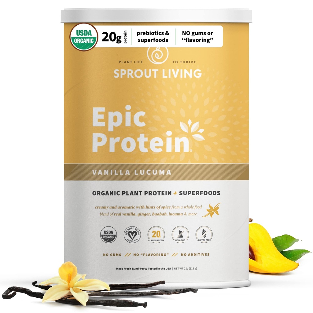 Sprout Living Epic Protein, Taimne Valk & Superfoods Pulber, Vanilla Lucuma Pulber | 20 Grams Orgaaniline Valk Pulber, Vegan, Non Dairy, Non-GMO, Gluteenivaba, Madal suhkur (2 Nael, 24 Servings)