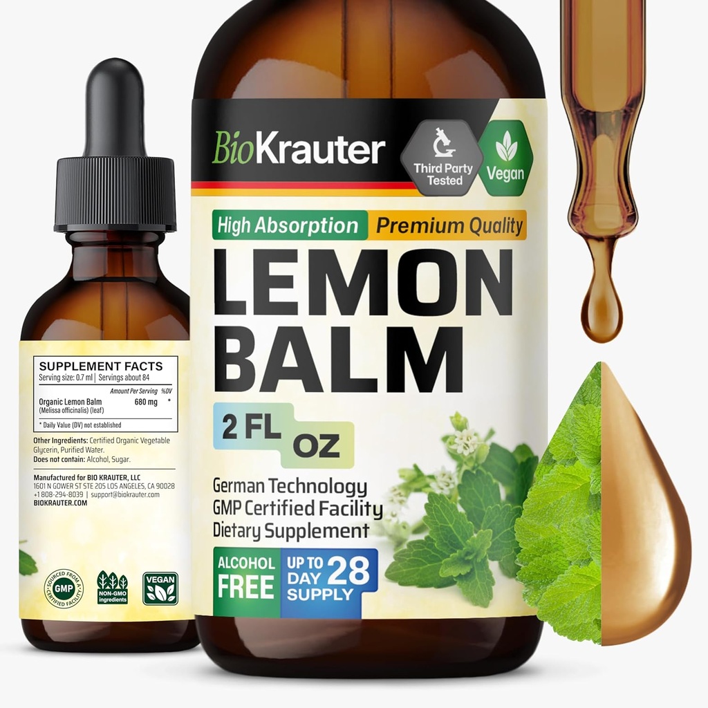 BIO KRAUTER Sidrun Balm Leaf Extract - Vegan Melissa Lemon Balm Tinktuur rahulikkuse toetamiseks - suhkur ja alkoholivaba - 2 Fl. Oz.