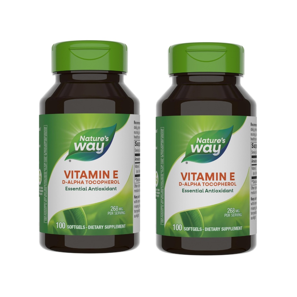 Nature's Way E-vitamiin, D-alfa-tokoferool, oluline antioksüdant, aitab neutraliseerida vabu radikaale *, 268 mg ühe serveerimise kohta, 100 softgelit (pakendamine võib varieeruda) - 2 pakendit