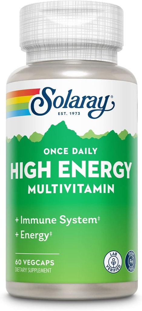 SOLARAY Once Daily High Energy Multivitamiinid, Rauavabad, Immuunsüsteemi ja energia toetus, kogu toidu ja ürdi baasi koostisosad, meeste ja naiste multivitamiin, 60 Servings, 60 VegCaps