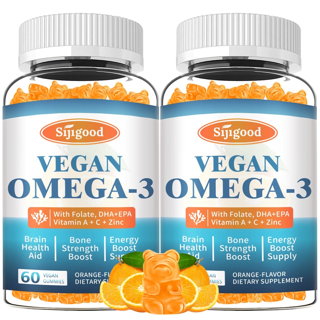 2 Pack Omega-3 Gummies Potent Vetikad Omega Allikas, Boost Aju, Silma Ja Immuunfunktsiooni DHA ja EPA Vegan & Sugar Free, Orange Flavor, 120 Count