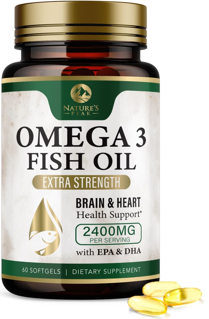 Omega 3 kalaõli pillid 2400mg - kolmekordne tugevus Omega 3 kalaõli toidulisandid - parim EPA & DHA rasvhapped aju ja südame tervise toetamiseks, looduse omega3 lisand, 30 päeva pakkumine - 60 softgels