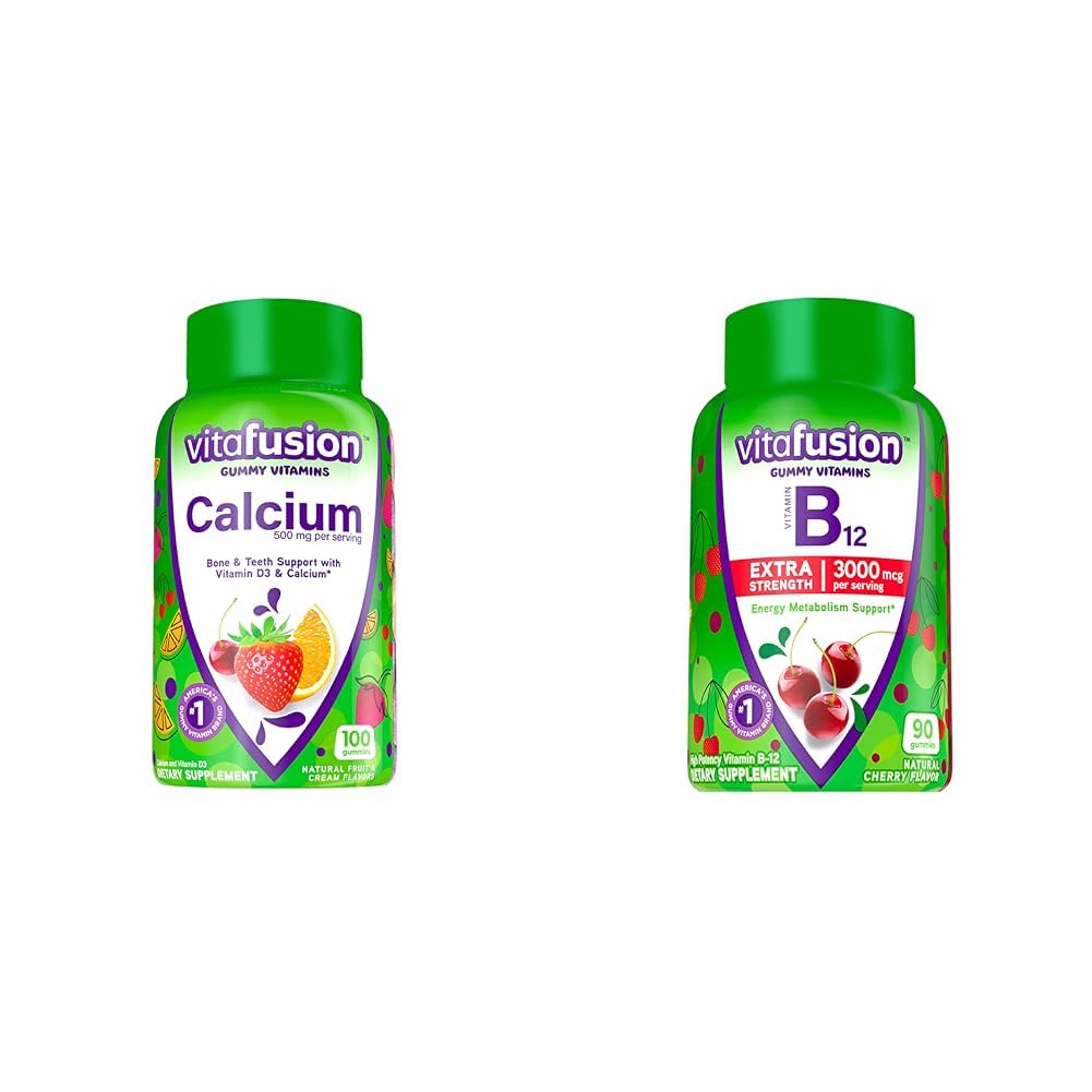 Vitafusion näritav kaltsiumkummi vitamiinid luude ja hammaste toetamiseks ja ekstra tugevus Vitamiin B12 kummi vitamiinid energia metabolismi toetamiseks ja närvisüsteemi tervise toetamiseks