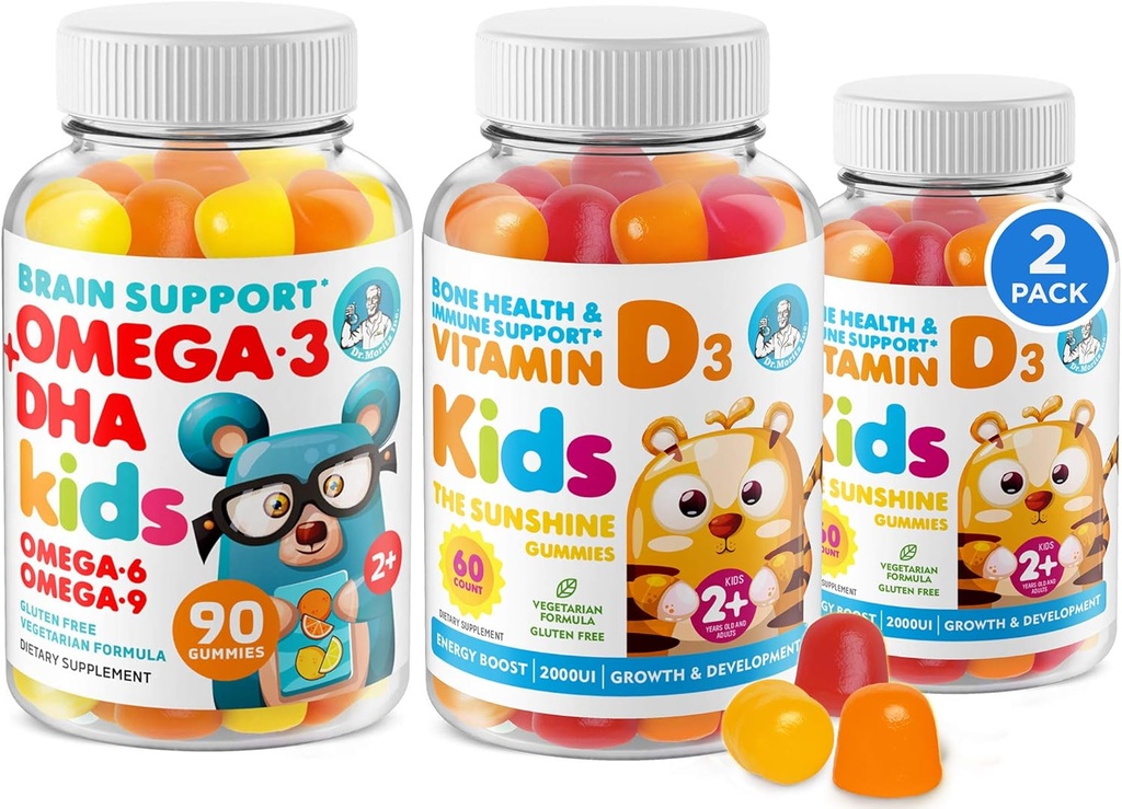 Omega 3 DHA-kummid ja D-vitamiini kummid lastele ja täiskasvanutele - kalaõli ja gluteenivaba immuunsüsteemi taimepõhine kiud närimiseks