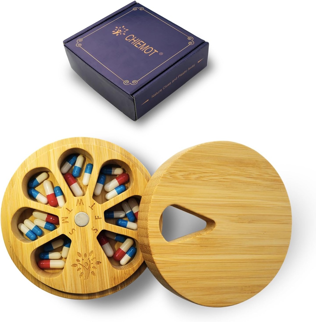 Bamboo Wood Weekly Pill Korraldaja Meditsiin Vitamiin Supplement, Artriit Sõbralik 7-päevane Pill Box Keskmine konteinerihoidja, Daily Portable Travel Pill Case Hoidja
