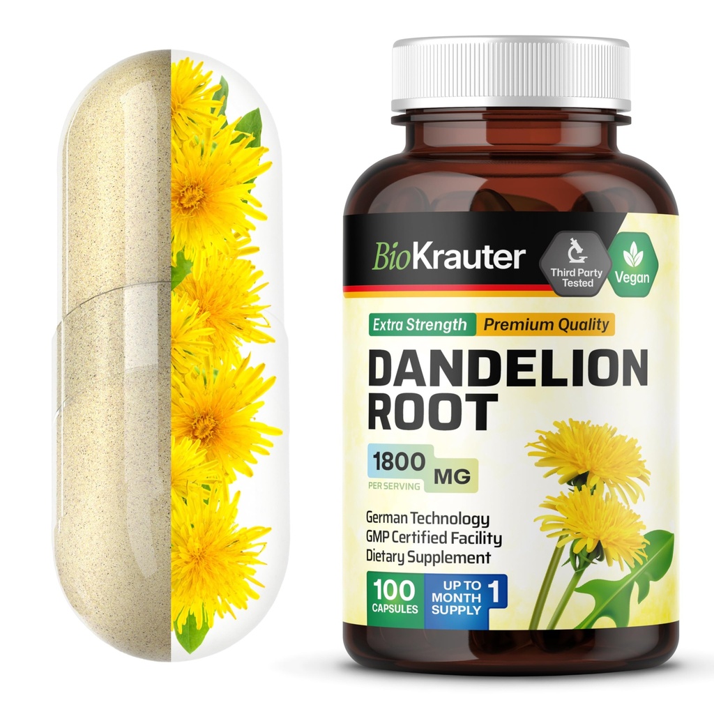 BIO KRAUTER Dandelion Juurkapslid - 1800 mg Tugevus - 100 Count - Dandelion Juur Supplement - Vegankapslid Maksa toetuseks