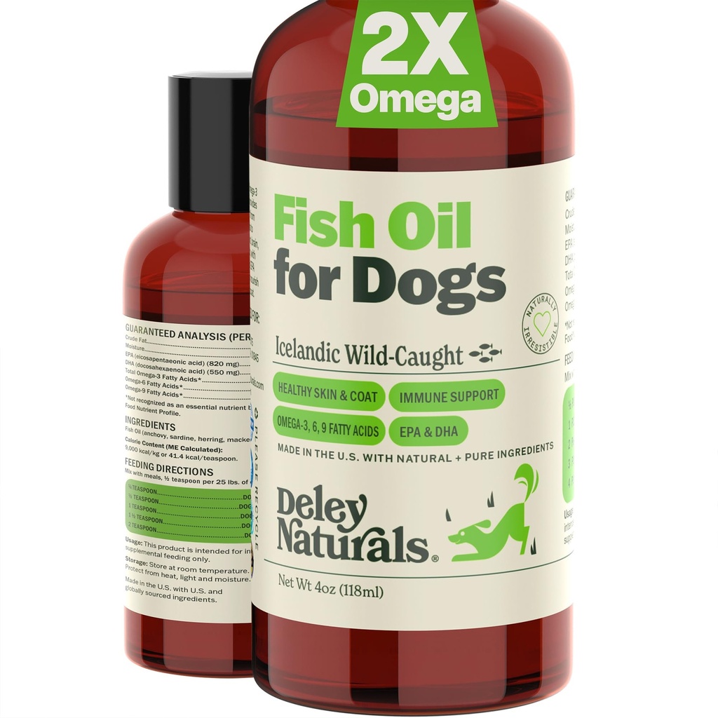 Deley Naturals Dog Fish Oil Islandi 2X Omega - Koer Itching Naha Relief Omega 3 6 9 allergia, kate ja süda - Omega 3 Kalaõli koertele Nahaärritus - 4oz Omega Oil for Dogs Made in USA