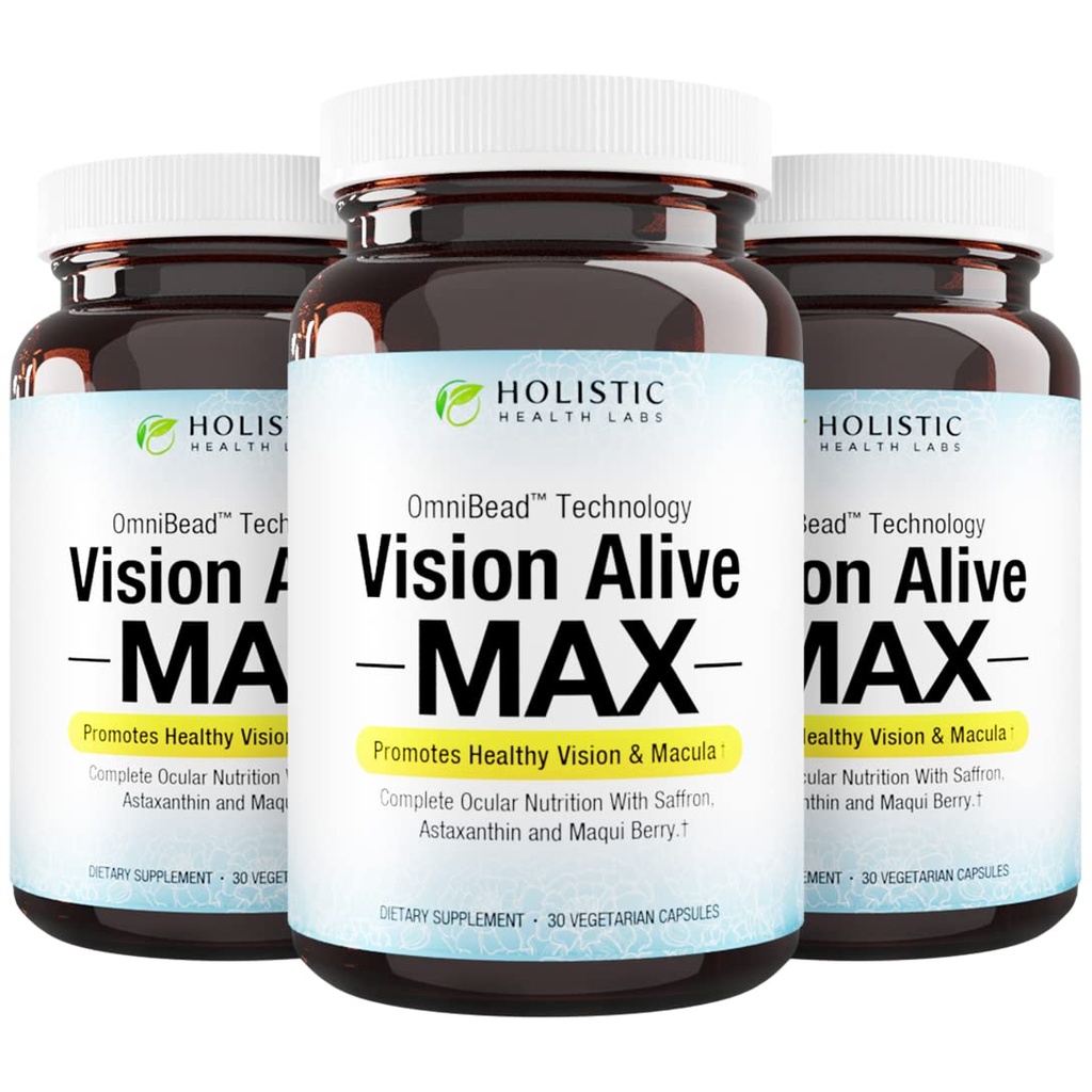 Holistic Health Labs Vision Alive Max koos 8 loodusliku koostisosaga Lutemax® 2020, mustikad, mustikad, c3g mustsõstrast, Maqui Berry, Safran ja astaksantiin (30 loend (3. pakk))