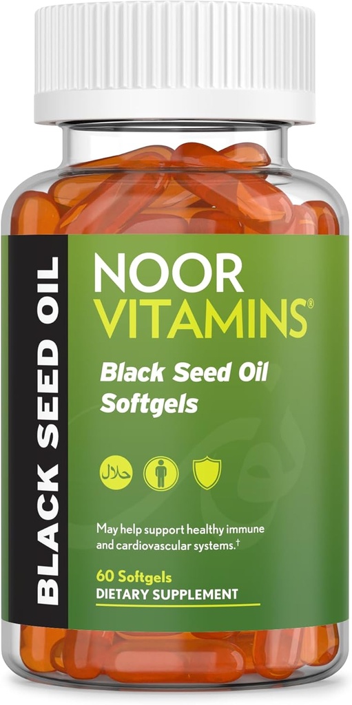 Noor Vitamiinid Halal Black Seed Oil Kapslid , Halal Vitamiinid , 1000 mg Black Seed Oil from Nigella Sativa , Tümokinoon , Non- GMO , Gluteenivaba , 60 Count