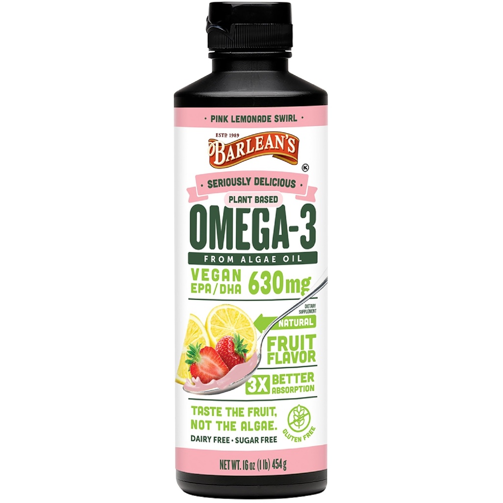 Barlean's Pink Lemonade Vegan Omega 3 täiendus, vedel vetikaõli 630 mg EPA & DHA-ga, taimsed oomegad algõlist, mitte-GMO ja gluteenivaba, 16 oz