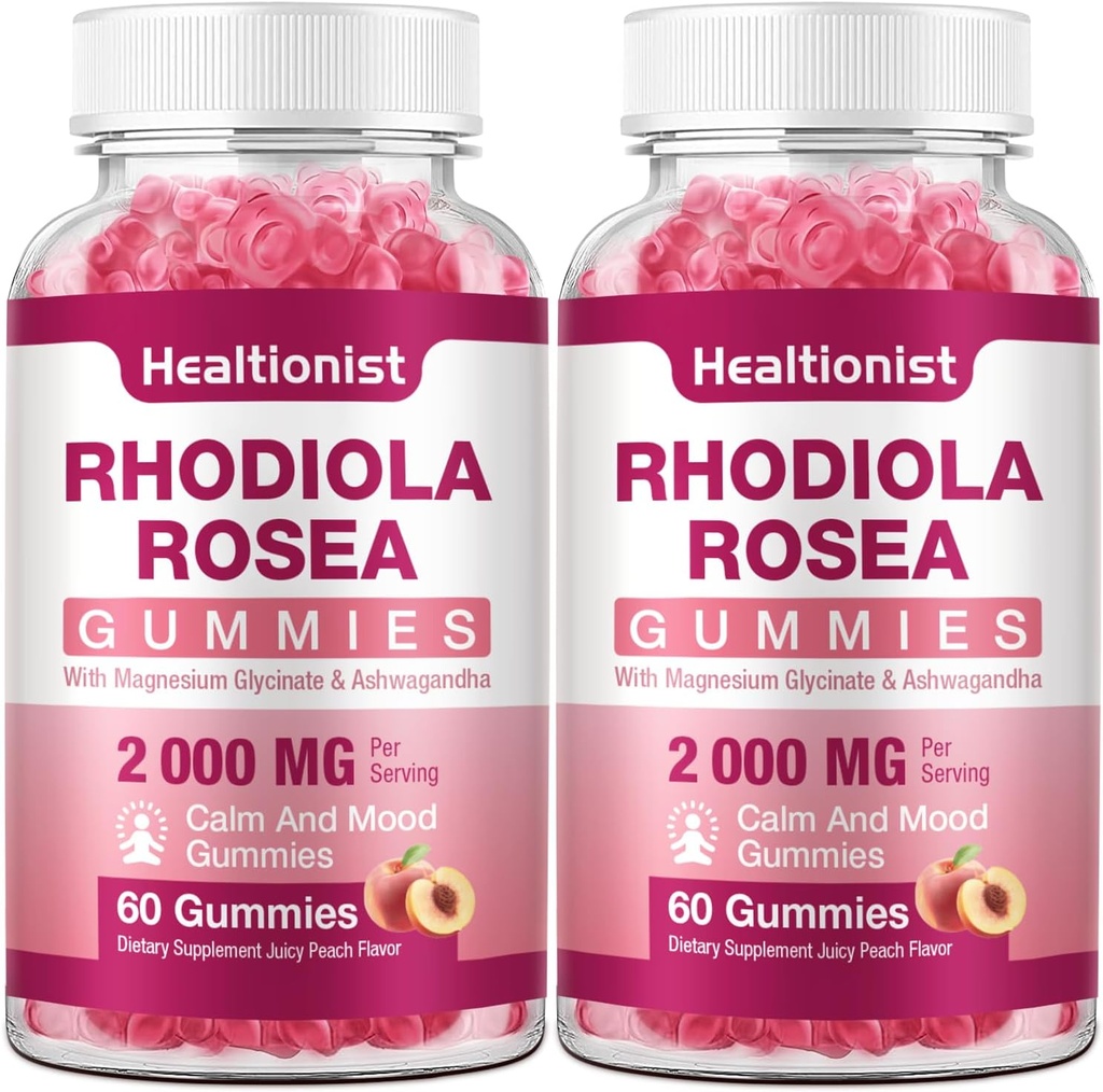 2 Pakendid Suhkruvaba Rhodiola Rosea Gummies Adaptogenic Rhodiola Rosea Supplement & Cortisol Blocker jõudluse, vastupidavuse, meeleolu ja motivatsiooni - Non-GMO, 120 Vegan Chews