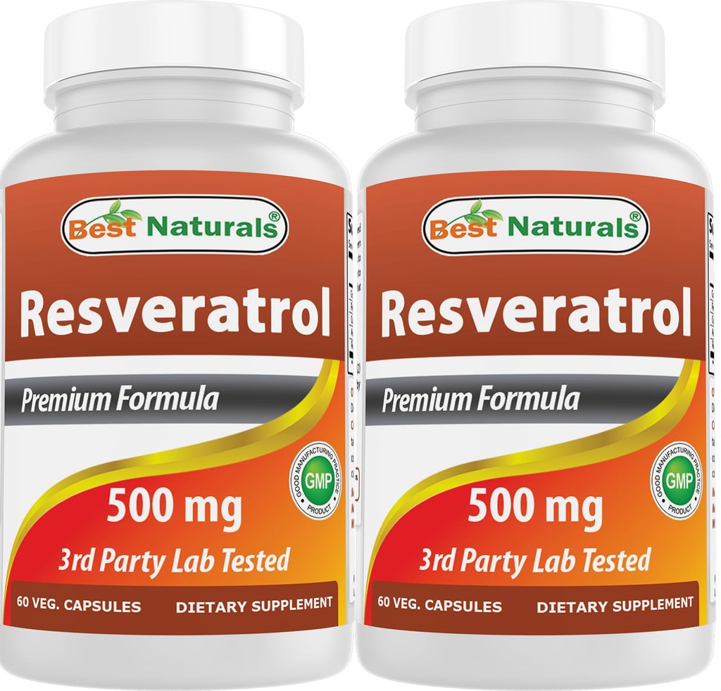 Parimad looduslikud 2 pakendit Resveratrooli kompleks 500 mg 60 Veg Kapslid, mis on valmistatud viinamarjanahast, punasest veinist, kvertsetiin - gluteenivaba & Non GMO - (kokku 120 kapslit)