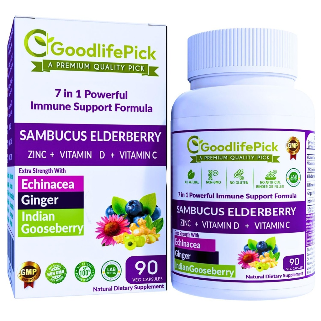 7 in 1 Elderberry koos ZINC, C-vitamiin, D-vitamiin, Echinacea, Ingver ja India Gooseberry (Amla). Premium Elderberry kapslid 90 ct, All Natural, Non-GMO, Vegan, No Riisipulber, No-Gluten