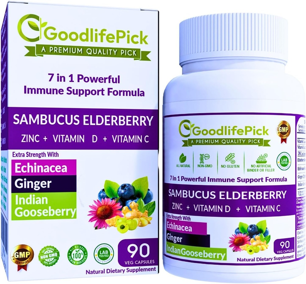 7 in 1 Elderberry with ZINC, Vitamin C, Vitamin D, Echinacea, Ginger & Indian Gooseberry (Amla).Premium Elderberry Capsules 90 ct, All Natural,Non-GMO,Vegan,No Rice Powder, No-Gluten