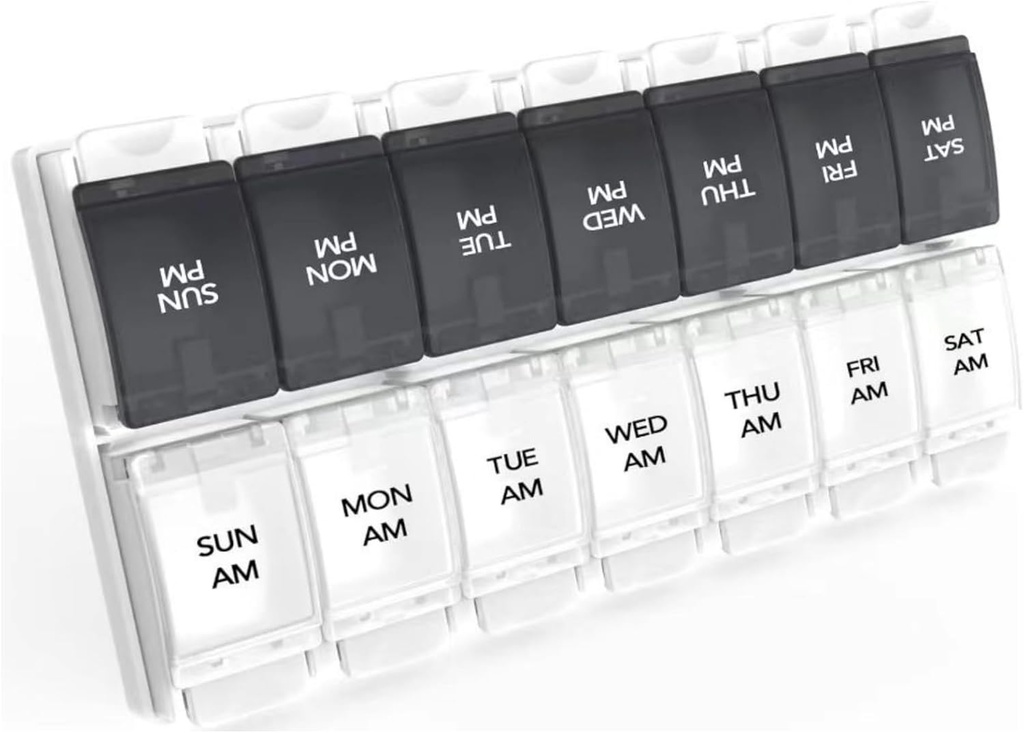 Sukuos AM PM Nädal 7 päeva pillide korraldaja, 2 korda päevas Pill Box koos artriit Sõbralik Push nuppu, meditsiini juhtudel Vitamiin / kalaõli / toidulisandeid, lihtne puhastada (must ja valge)