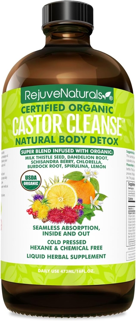 RejuveNaturals Castor CleanseTM - USDA orgaaniline kastoorõli, Chlorella, Spirulina, juured ja rohelised tervise jaoks, seedetrakti tugi, igapäevane tasakaal. 3-kuuline tarne Gut Cleanse Detox naistele ja meestele - 16oz.