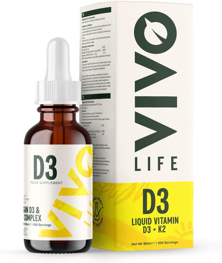 Vivo Life - Vitamiin D3 K2, 50 ml Vedelik komplekstilgad, 2000iu D3, Vegan Terviselisa meestele ja naistele, 100 serveerimist