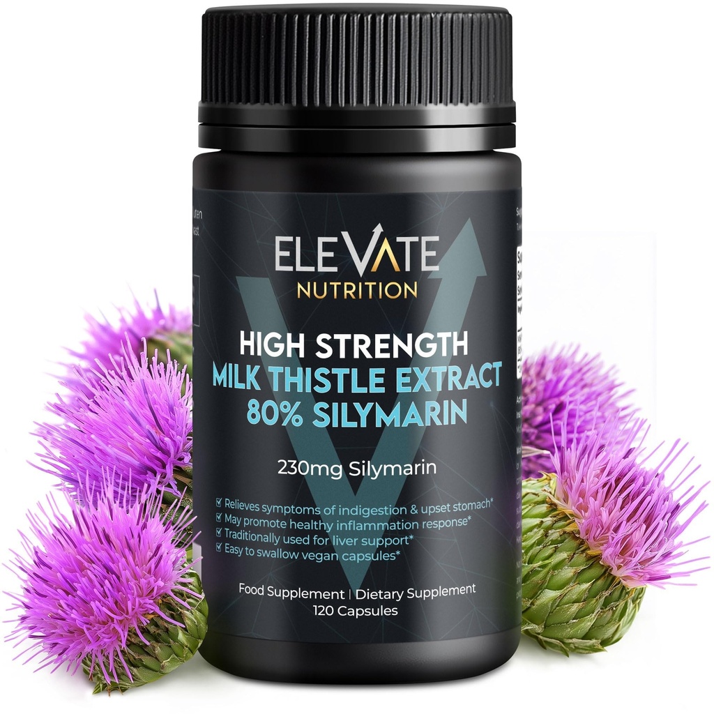 ELEVATE TOITAINE Piimaohakas - 288 mg, 80% Silymariini ekstrakt - 120 Vegankapslit - Toidulisand Tervis - aitab säilitada maksafunktsiooni ja seedetrakti mugavust