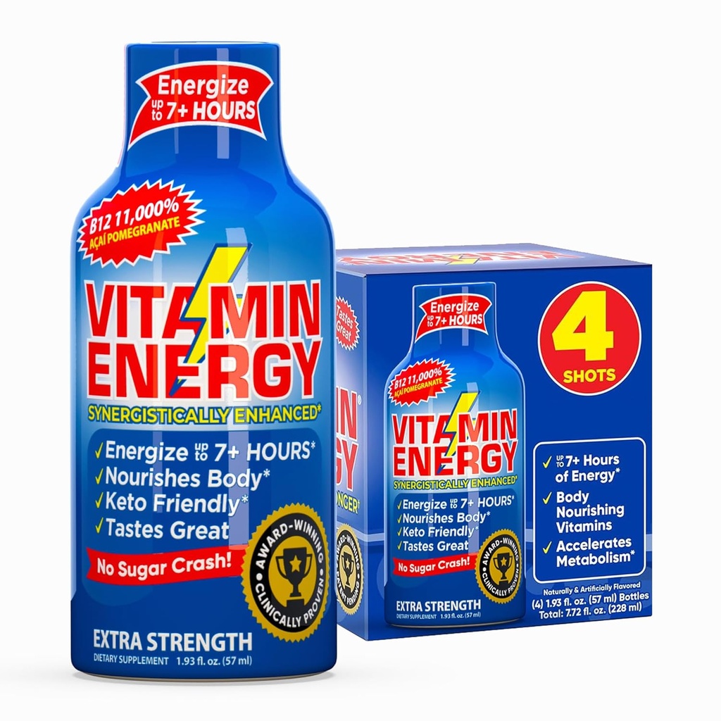 Vitamiin Energia B12 11 000% Extra Tugevus Energia Shot Açaí Granaatõuna 4 Pack, 260mg looduslik kofeiin, B12 & B6, Nootroopne fookus, Vitality, nullsuhkrut, Gluteenivaba, Vegan, Kosher, 1,93 fl oz