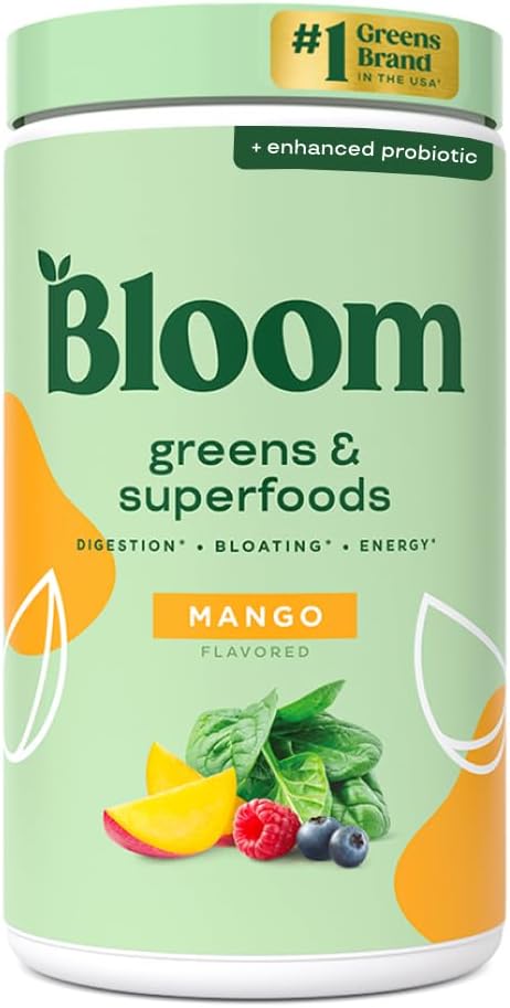 Bloom Toitumine Superfood Rohelised Pulber, seedeensüümid probiootikumide ja prebiootikumidega, soolestiku tervis, Bloating Relief naistele, Chlorella, Green Juice Mix peedi juure pulbriga, 60 SVG, Mango
