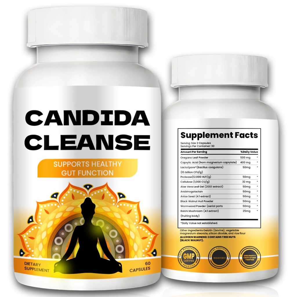 Candida Cleanse - Gut & Colon Support, Advanced Formula - Oregano Leaf, Wormwood, Black Walnut, kaprüülhape