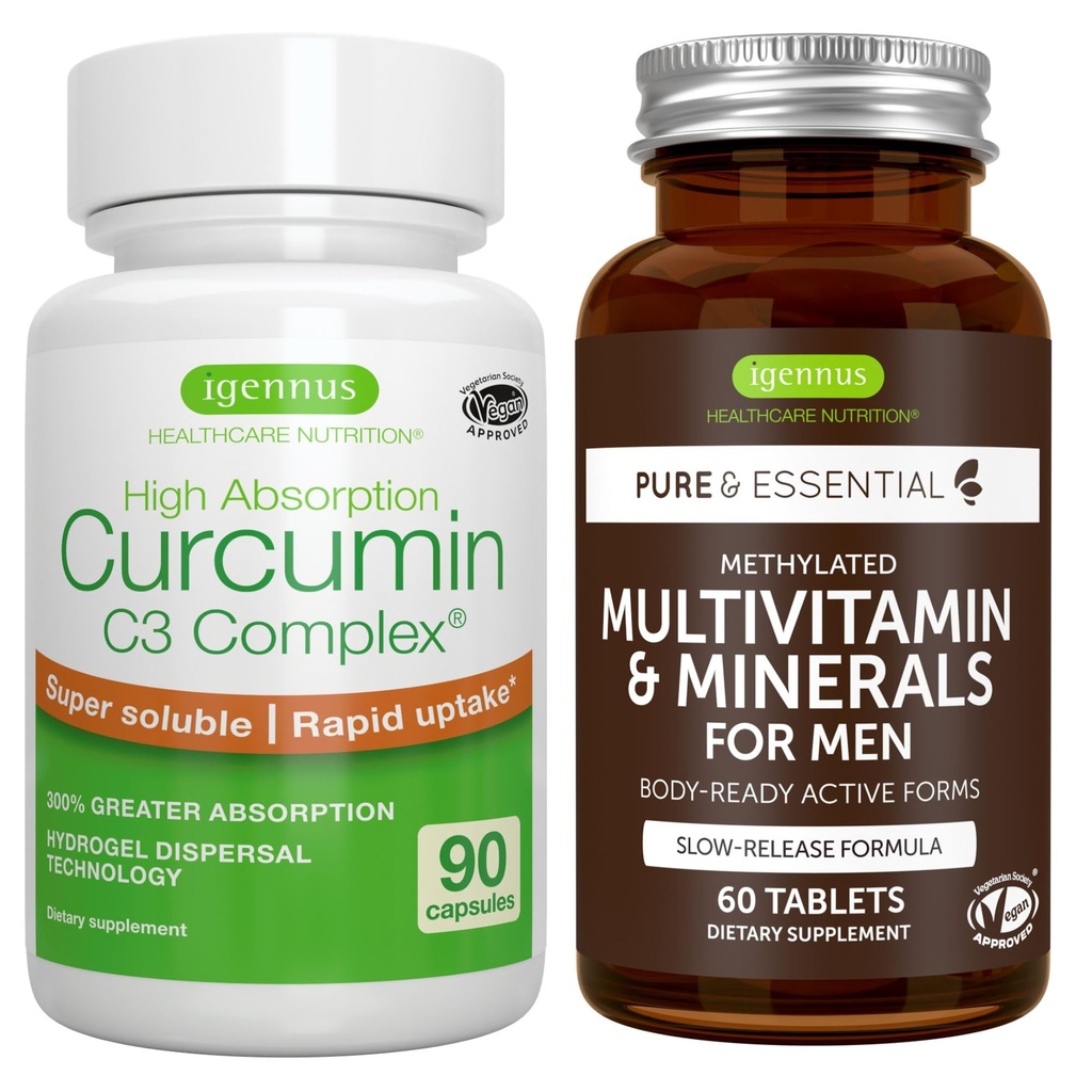 Multivitamiinid ja mineraalid meestele + kõrge imendumisega kurkumiini C3 kompleks, Vegan Bundle, püsiva vabanemisega täiustatud multivitamiinid + 300% suurem imendumine kurkuminoidid kiire tarbimisega, Igennus