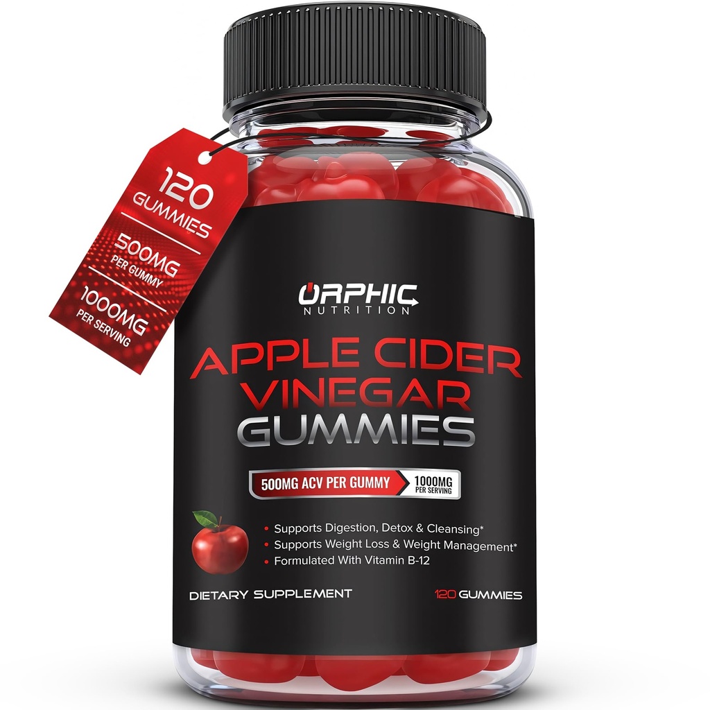 ORPHIC TOITAINE Õunasiider Äädikas Gummies - 1000 mg - ACV kaalulangus Gummies - toetab seedimist, Detox & Cleansing - VIT B12, Beetroot - Gomitas de Vinagre de Manzana (120 tk)