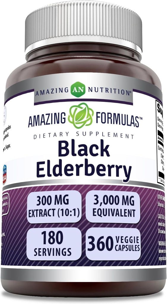Amazing Formulas Sambucus Black Elderberry | 300 Mg Extract 10: 1 (3000 Mg ekvivalent) | Veggie kapslid | Mitte-GMO | Gluteenivaba | Made in USA (1 Pack, 360 Count)