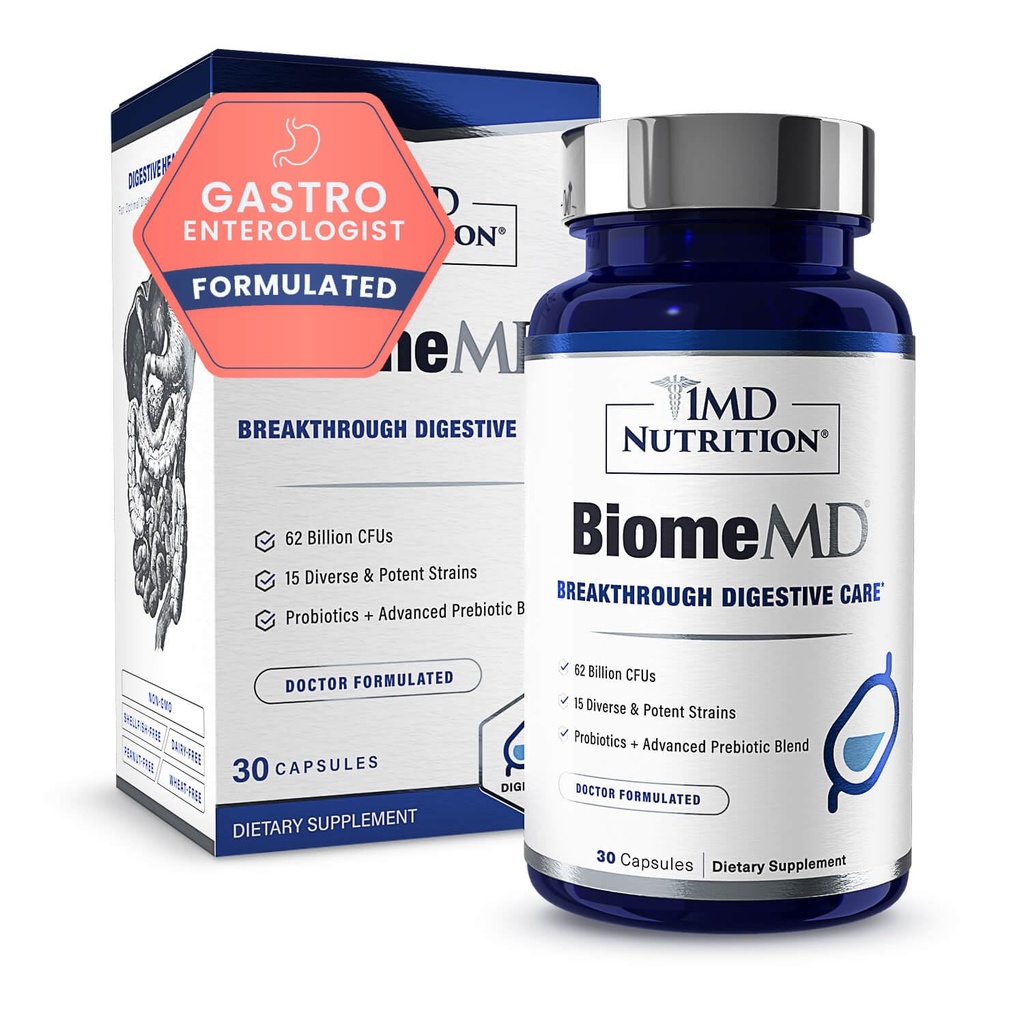 1MD Toitumine BiomeMD Probiootikumid | 62 miljardit CFUd, 15 terviklikku tüve - pro & prebiootikumid | Arst-Formulated for Digestive Health & Immune Support | 30 kapslit