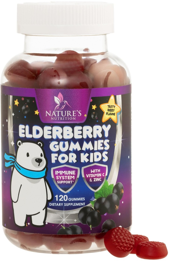 Lapsed Immune Support Elderberry Gummies - igapäevased laste vitamiinid C, tsink ja lapsed Immunity Support Gummy - Nature's Sambucus Elderberry Supplement, Vegan, Gluteenivaba, Maitsev Marjamaitse - 120 Gummies
