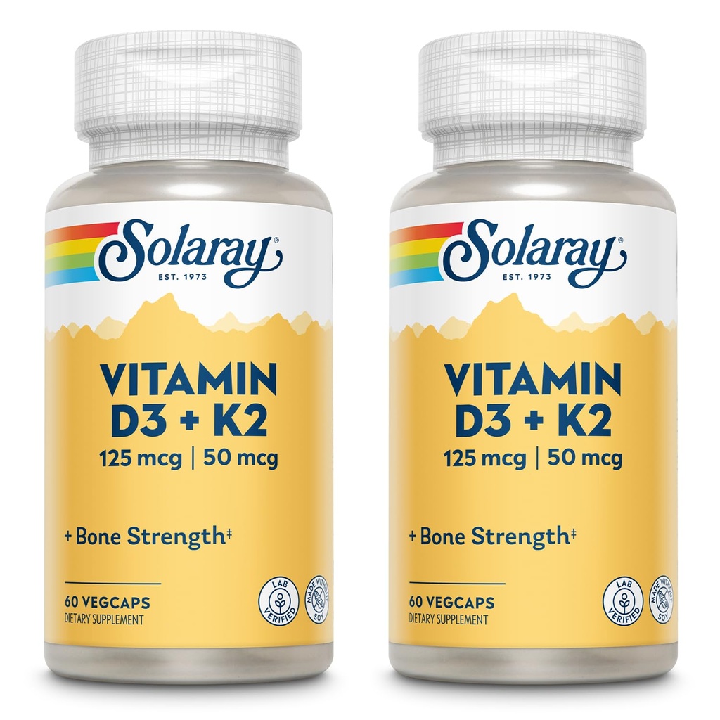 SOLARAY D3-vitamiin + K2, D & K-vitamiinid kaltsiumi imendumiseks ja tervisliku südame-veresoonkonna süsteemi ja arterite toetamiseks, mitte-GMO ja soja