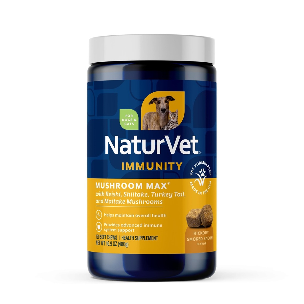 NaturVet Seene Max Advanced Immune Support Dog Supplement - Aitab tugevdada immuunsust, üldist tervist koertele - Sisaldab Shitake Seened, Reishi, Türgi Saba - 120 Ct.
